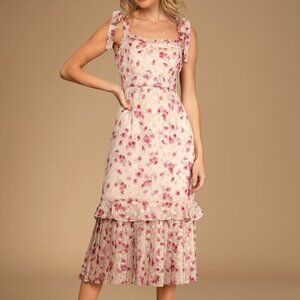 Lulu's Terrace Views Taupe Floral Print Tiered Midi Dress
